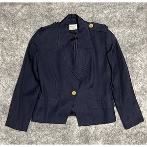 VTG Weathervane Petites Blazer Women's 4 100% Linen Navy Blue Cropped Epaulette